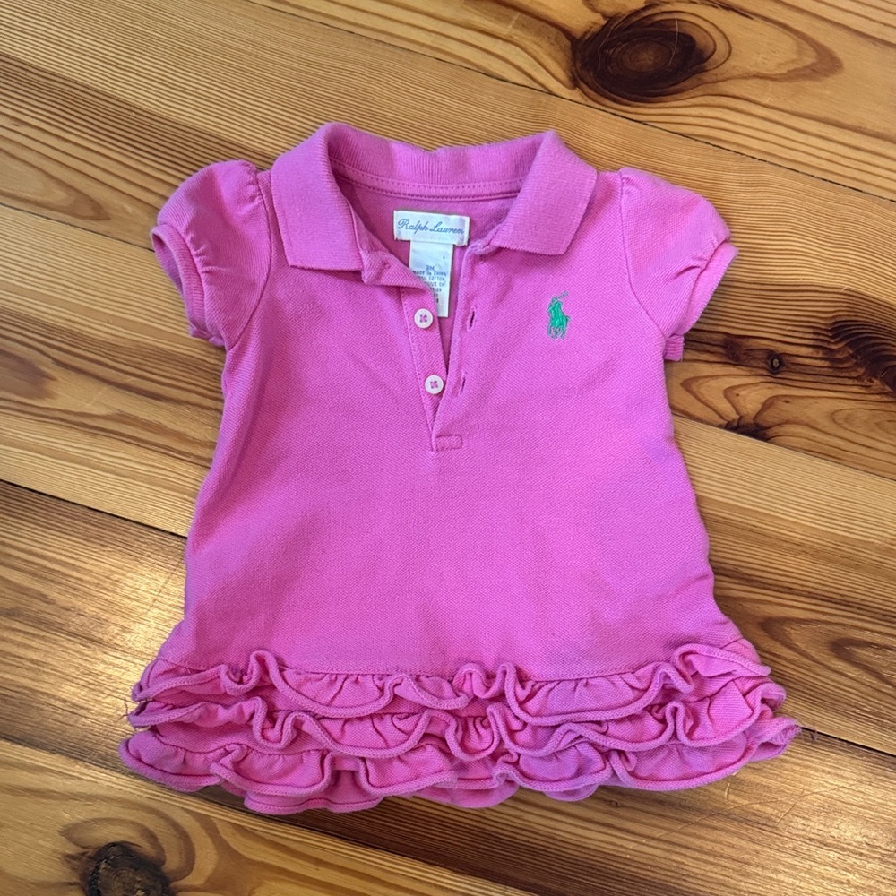 EUC Ralph Lauren Pink Polo with Ruffle Detail infant dress 3 month